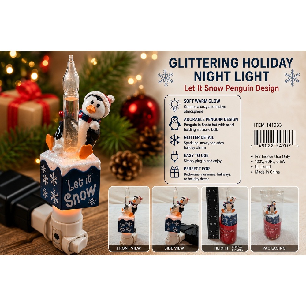Glittering Holiday Night Light Penguin Bubble Light Let It Snow Christmas 141933